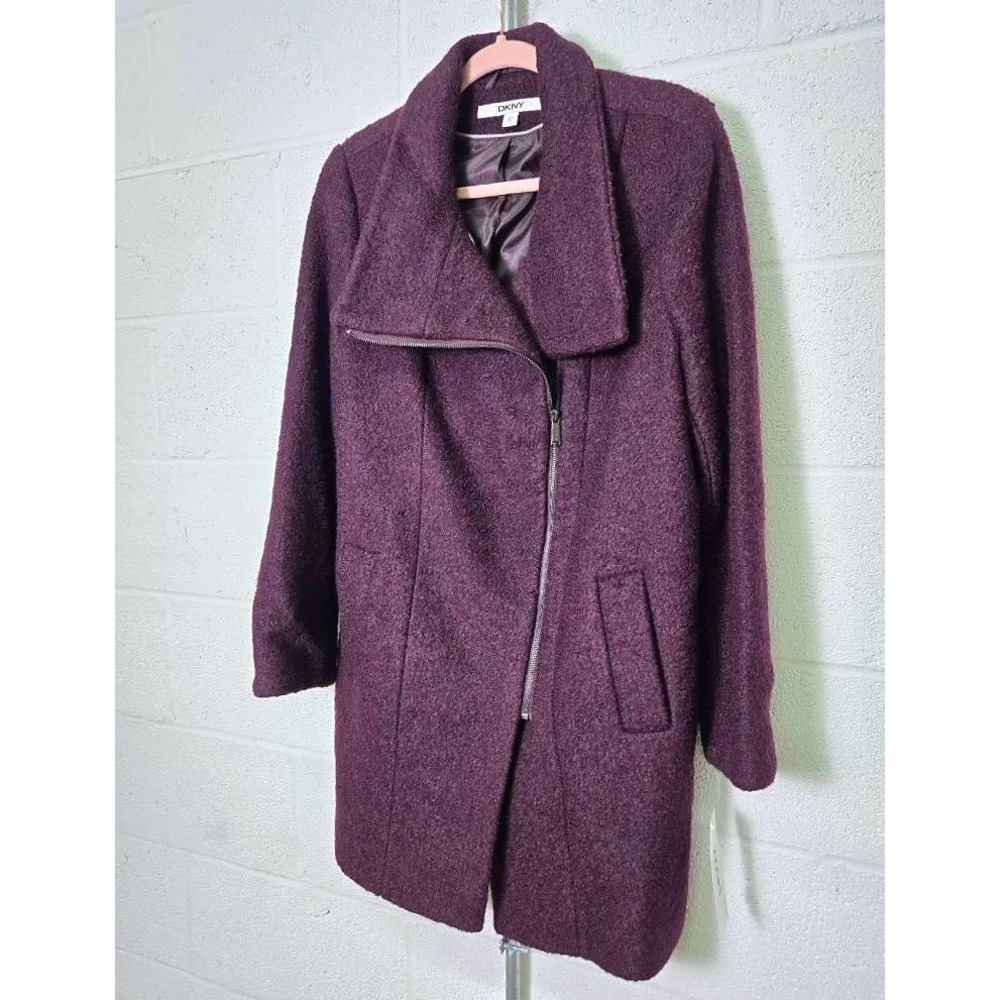 DKNY Womens Asymmetrical Zip Wool Blend Coat Plum Purple Oversized Collar 12 NEW